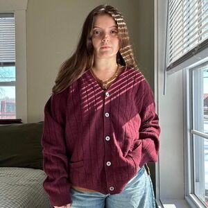 Vintage Burgundy 100% Lambswool Cardigan Size L
